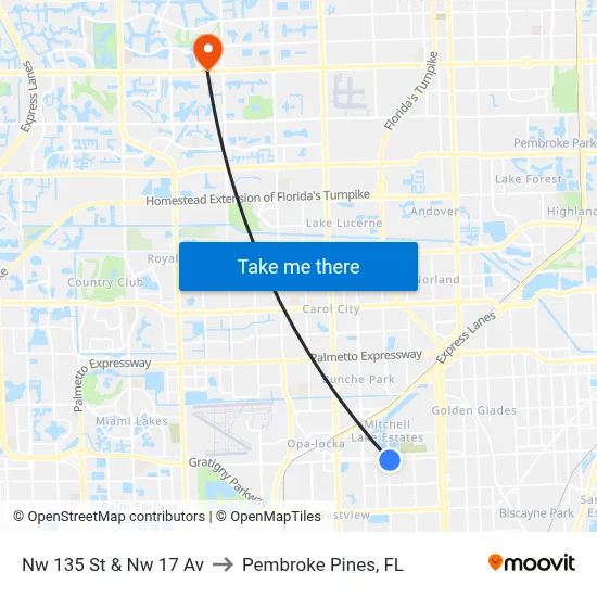 Nw 135 St & Nw 17 Av to Pembroke Pines, FL map