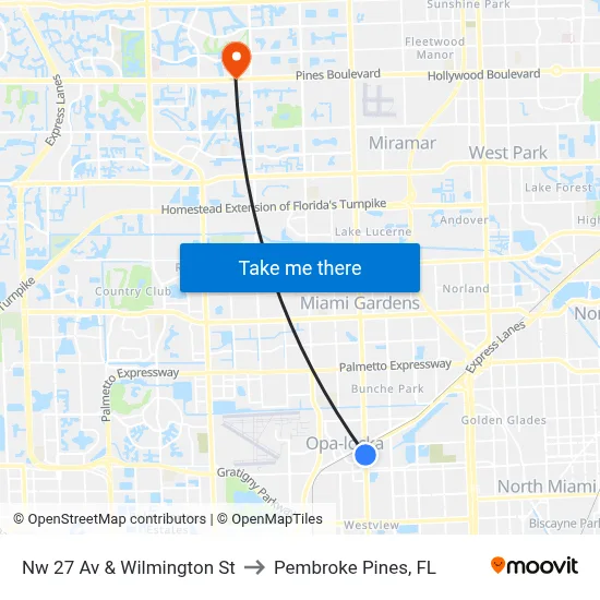 Nw 27 Av & Wilmington St to Pembroke Pines, FL map