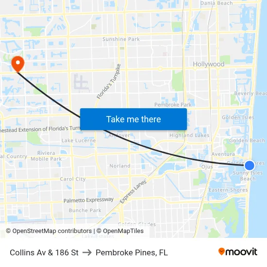 Collins Av & 186 St to Pembroke Pines, FL map
