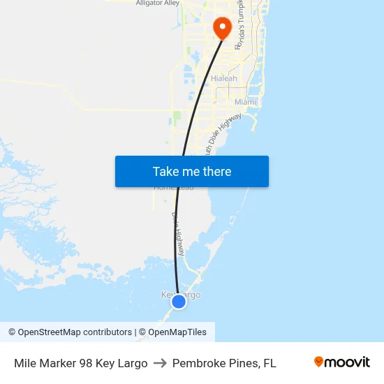 Mile Marker 98 Key Largo to Pembroke Pines, FL map