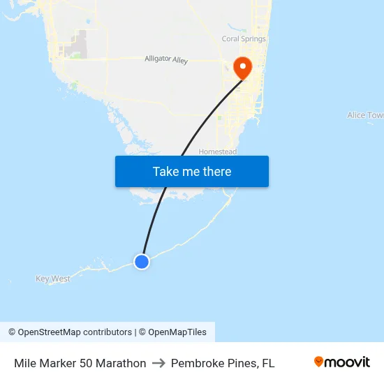 Mile Marker 50 Marathon to Pembroke Pines, FL map