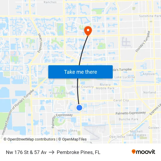 Nw 176 St & 57 Av to Pembroke Pines, FL map