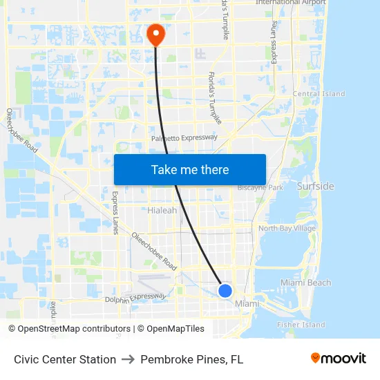 Civic Center Station to Pembroke Pines, FL map