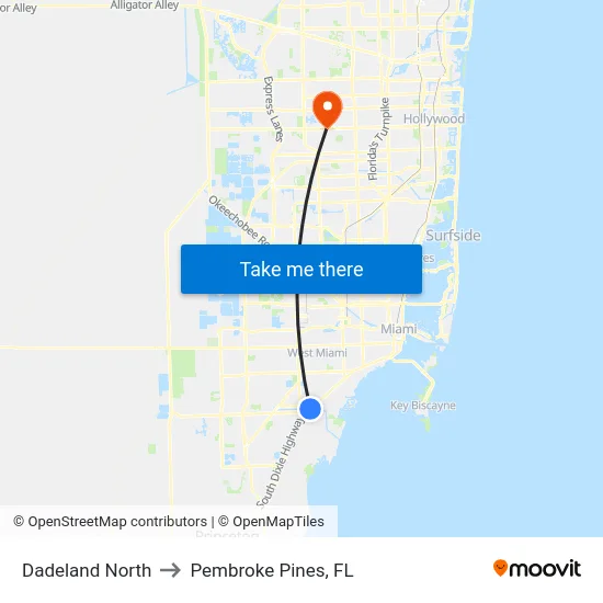 Dadeland North to Pembroke Pines, FL map