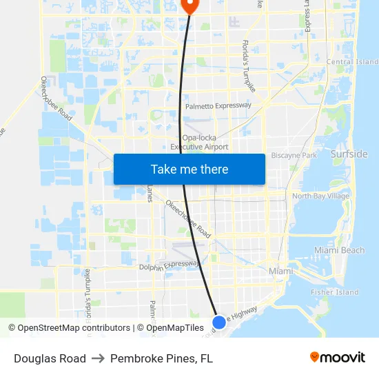 Douglas Road to Pembroke Pines, FL map