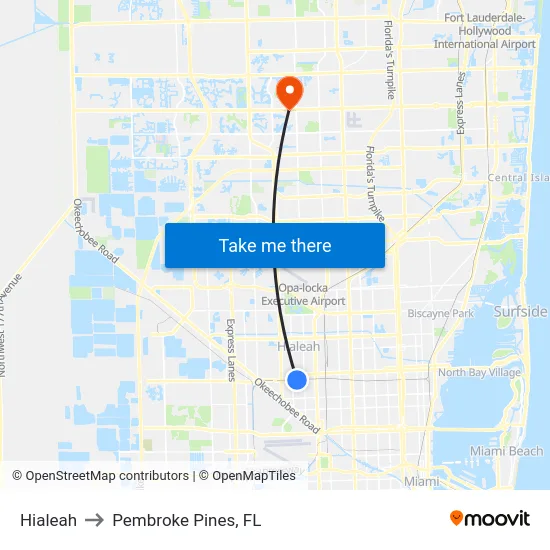 Hialeah to Pembroke Pines, FL map