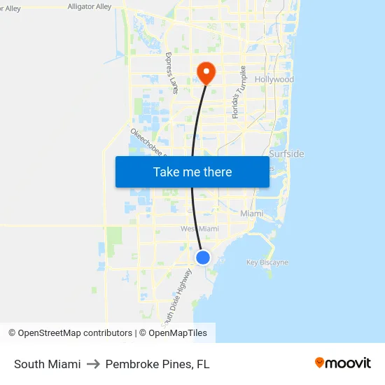 South Miami to Pembroke Pines, FL map