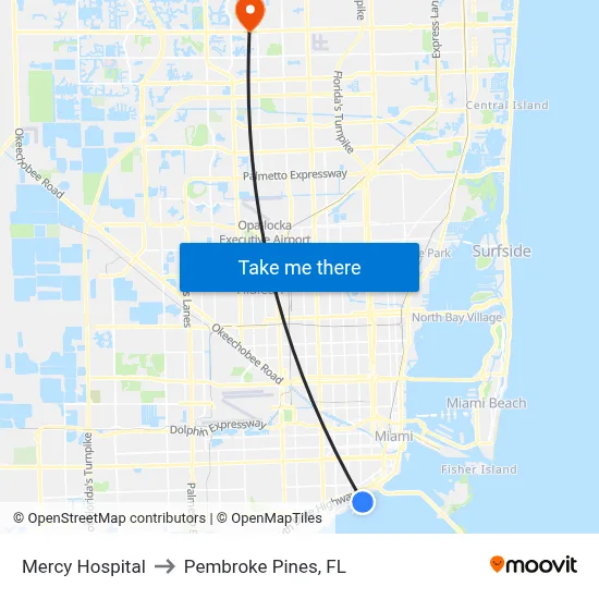 Mercy Hospital to Pembroke Pines, FL map