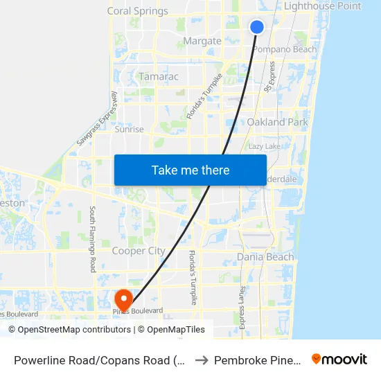 Powerline Road/Copans Road (North) to Pembroke Pines, FL map