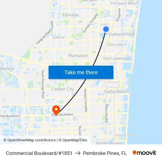 Commercial Boulevard/#1851 to Pembroke Pines, FL map