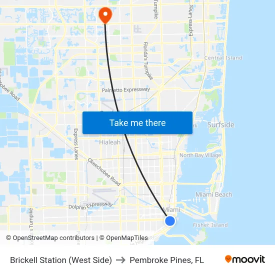 Brickell Station (West Side) to Pembroke Pines, FL map