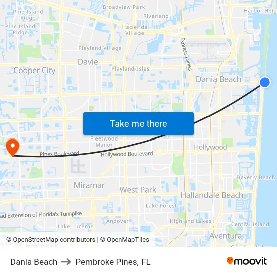 Dania Beach to Pembroke Pines, FL map