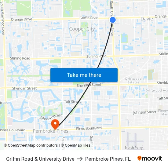 Griffin Road & University Drive to Pembroke Pines, FL map