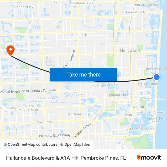 Hallandale Boulevard & A1A to Pembroke Pines, FL map