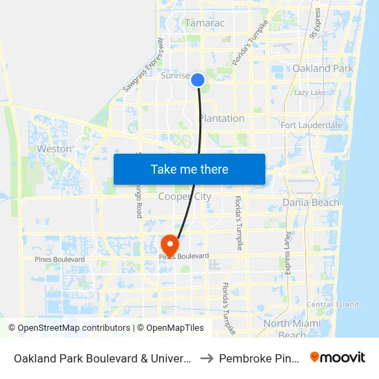 Oakland Park Boulevard & University Drive to Pembroke Pines, FL map