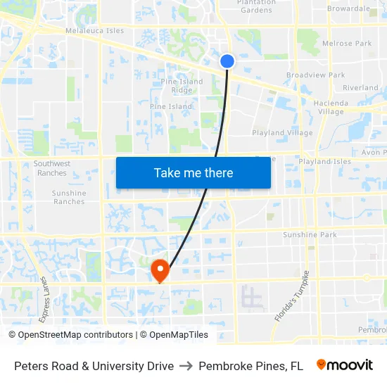 Peters Road & University Drive to Pembroke Pines, FL map