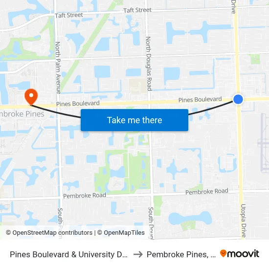 Pines Boulevard & University Drive to Pembroke Pines, FL map