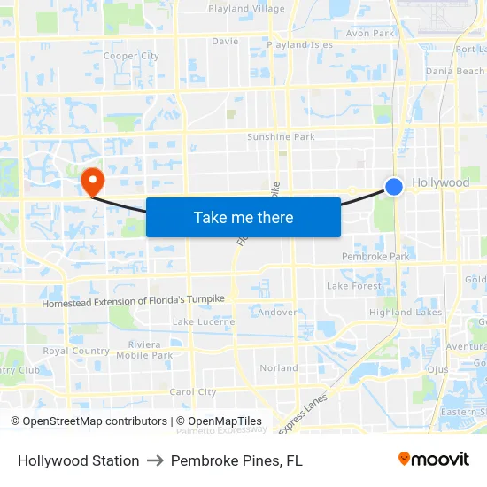 Hollywood Station to Pembroke Pines, FL map