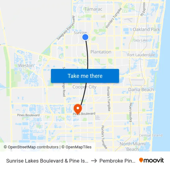 Sunrise Lakes Boulevard & Pine Island Road to Pembroke Pines, FL map