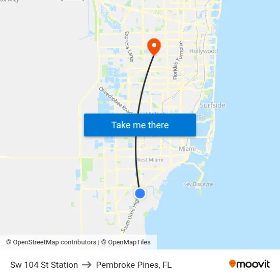 Sw 104 St Station to Pembroke Pines, FL map