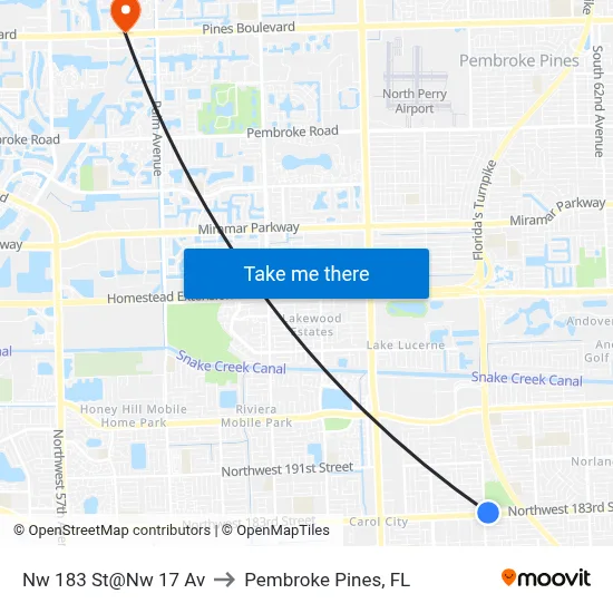 Nw 183 St@Nw 17 Av to Pembroke Pines, FL map