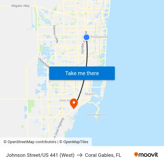Johnson Street/US 441 (West) to Coral Gables, FL map
