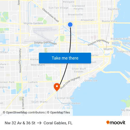 Nw 32 Av & 36 St to Coral Gables, FL map
