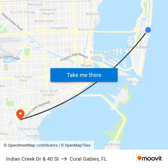 Indian Creek Dr & 40 St to Coral Gables, FL map