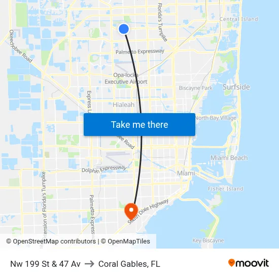 Nw 199 St & 47 Av to Coral Gables, FL map