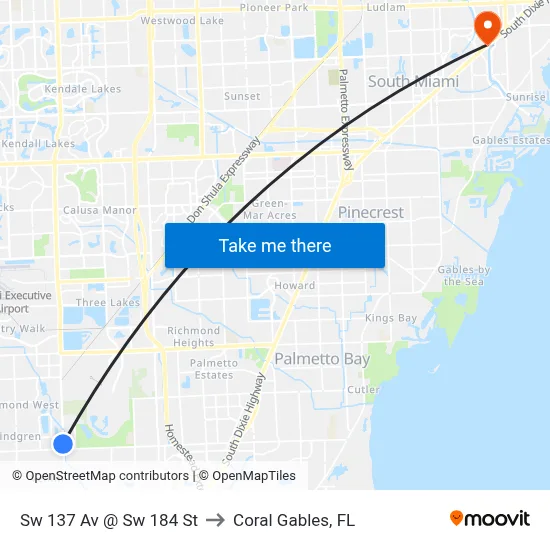Sw 137 Av @ Sw 184 St to Coral Gables, FL map
