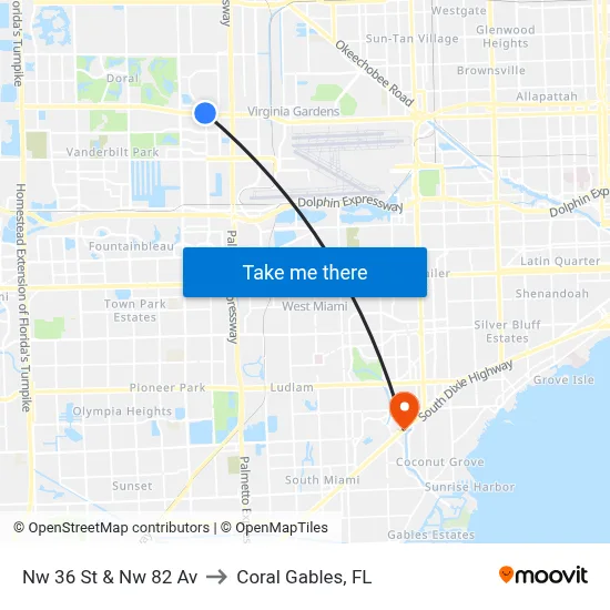 Nw 36 St & Nw 82 Av to Coral Gables, FL map