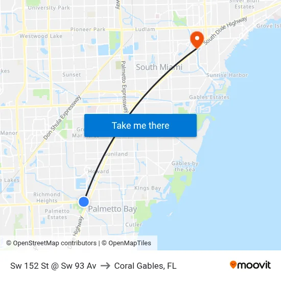 Sw 152 St @ Sw 93 Av to Coral Gables, FL map