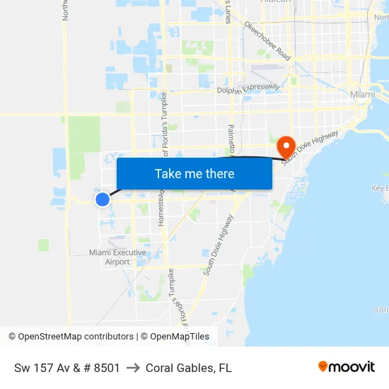 Sw 157 Av & # 8501 to Coral Gables, FL map