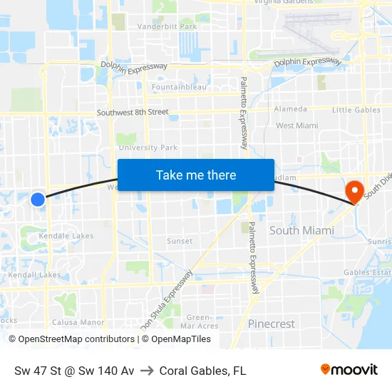 Sw 47 St @ Sw 140 Av to Coral Gables, FL map