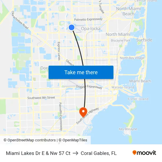 Miami Lakes Dr E & Nw 57 Ct to Coral Gables, FL map