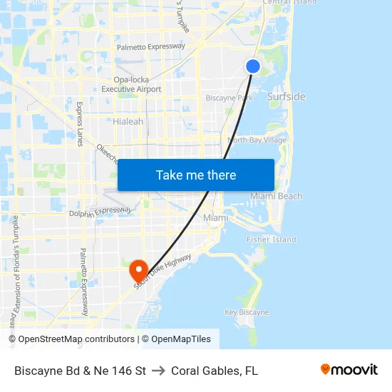 Biscayne Bd & Ne 146 St to Coral Gables, FL map