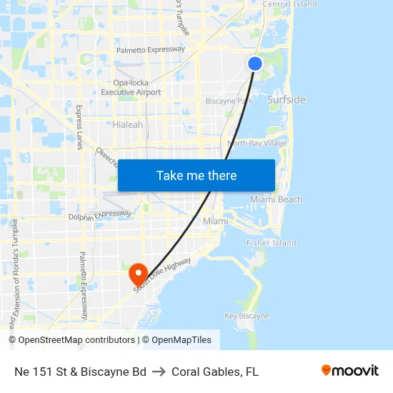 Ne 151 St & Biscayne Bd to Coral Gables, FL map