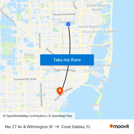 Nw 27 Av & Wilmington St to Coral Gables, FL map
