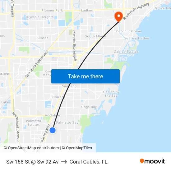 Sw 168 St @ Sw 92 Av to Coral Gables, FL map