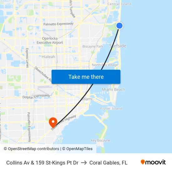 Collins Av & 159 St-Kings Pt Dr to Coral Gables, FL map