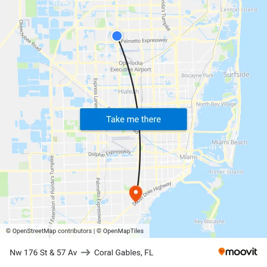 Nw 176 St & 57 Av to Coral Gables, FL map