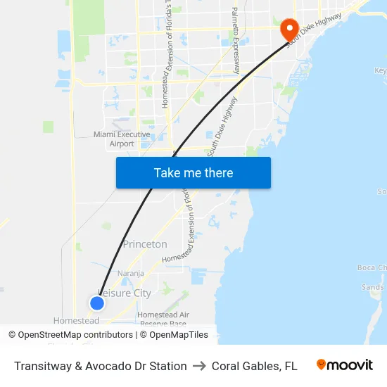 Transitway & Avocado Dr Station to Coral Gables, FL map
