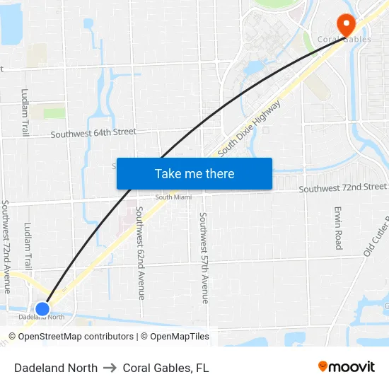 Dadeland North to Coral Gables, FL map