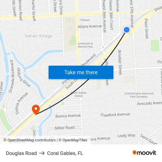 Douglas Road to Coral Gables, FL map