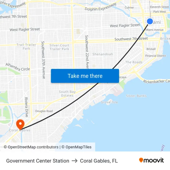 Government Center Station to Coral Gables, FL map