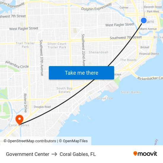 Government Center to Coral Gables, FL map