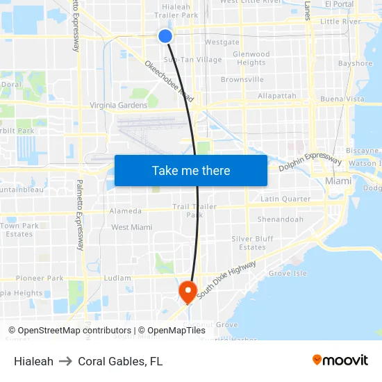 Hialeah to Coral Gables, FL map