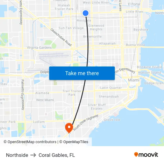 Northside to Coral Gables, FL map