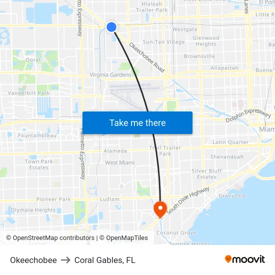 Okeechobee to Coral Gables, FL map