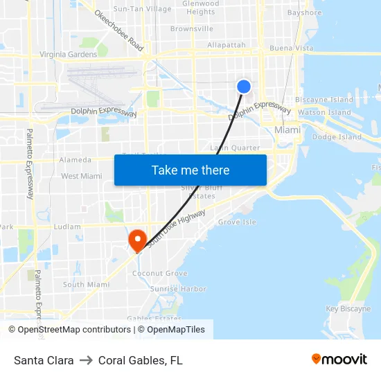 Santa Clara to Coral Gables, FL map